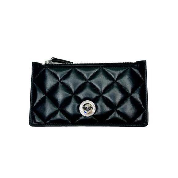 Versace Medusa Silver Card Case Holder Wallet Black Quilted Leather Top Zip NIB - Picture 1 of 10